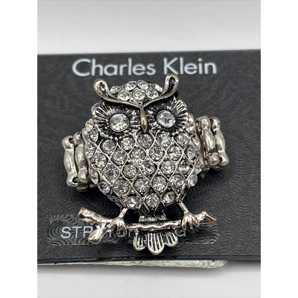 Charles Klein Owl Stretch Ring Silver Tone Rhinestones- Brand New